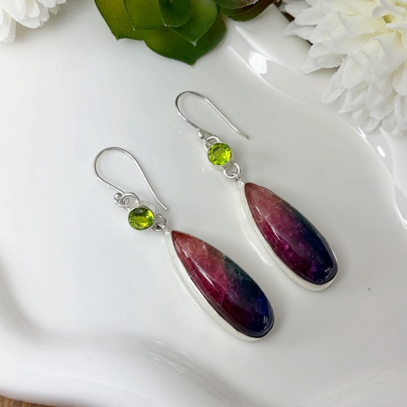 Peridot and Rainbow Quartz Gemstone Earrings Sterling Silver 925 New - Picture 2 of 7